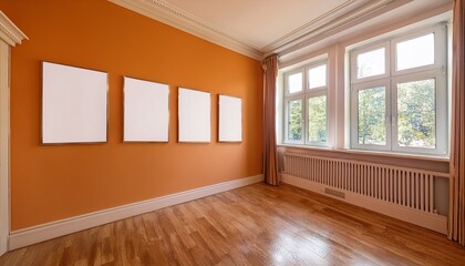 Obraz premium Orange empty living room with windows, parquet floor and mockup posters. Generated image
