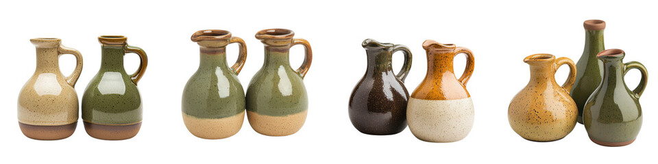 An eclectic collection of rustic artisanal ceramic pitchers vases and jugs in various earthy tones and organic shapes