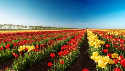 field of red and yellow tulips on a clear sunny day