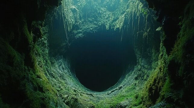 A dark, moss-covered cave opening with light streaming in from above the darkness. Use it for adventure, mystery, or the unknown found deep within nature.
