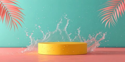 A sunny yellow podium with tropical water splashes, on a gradient background blending turquoise to coral pink.