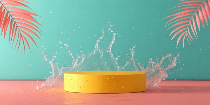 A sunny yellow podium with tropical water splashes, on a gradient background blending turquoise to coral pink.