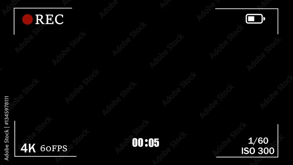 Poster camera viewfinder digital overlay display with recording frame animation on black background.
