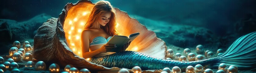 A mermaid reading a book in a giant seashell, glowing pearls surrounding her, underwater dreamlike ambiance, soft warm glow
