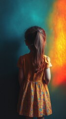 A young child stands in front of a wall, possibly waiting or thinking