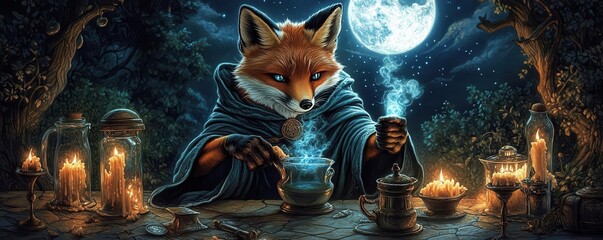A fox wearing a wizard s cloak, mixing potions under a moonlit sky, warm candlelight, mystical and whimsical