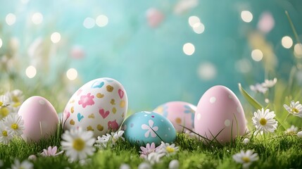 Colorful easter eggs hiding in green grass with daisies