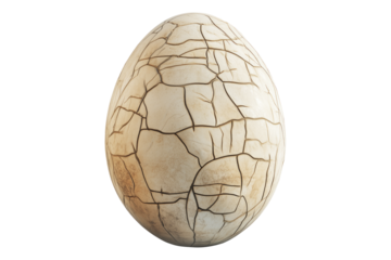 Large cracked dinosaur chicken egg with textured surface and detailed fractures, isolated on white transparent background. Concept of prehistoric life and hatching