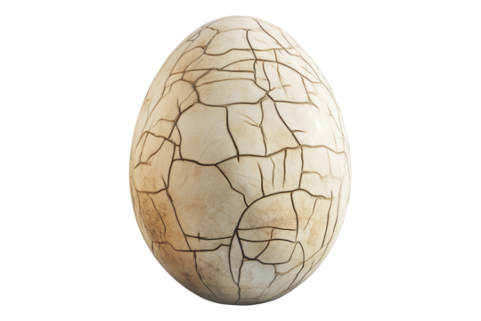 Large cracked dinosaur chicken egg with textured surface and detailed fractures, isolated on white transparent background. Concept of prehistoric life and hatching