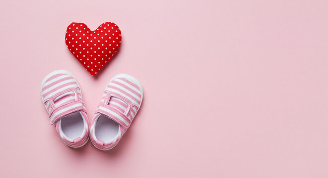 Adorable Baby Girl Shoes with Red Heart Pink Background New Born Infant Footwear