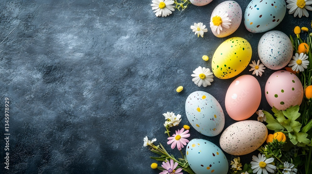 Poster Easter eggs and spring flowers creating a frame on dark background