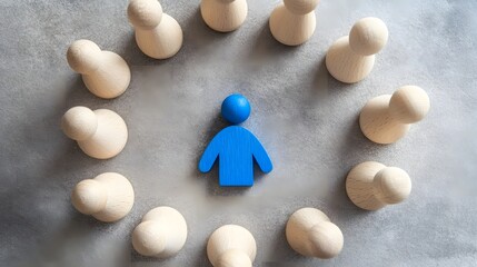 Minimalist Wooden Figurines in a Circular Arrangement with a Blue Contrast