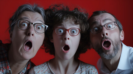 Startled Family: A family of three, eyes wide with surprise and mouths agape in shock, stares directly at the viewer against a vibrant backdrop, a captivating display of pure, unadulterated amazement