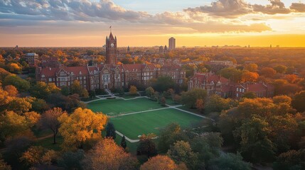 Naklejka premium An aerial perspective reveals a grand university campus at sunset