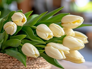 Obraz premium Capture the essence of spring with this minimalist arrangement of white tulips, beautifully illuminated by soft lighting, creating a gentle floral aesthetic Explore the serene beauty of these