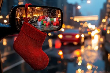Capture the festive spirit with a delightful image of a Christmas stocking filled with small presents hanging from a cars rearview mirror This heartwarming scene evokes feelings of joy, anticipation
