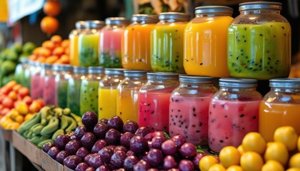 Colorful array of vibrant agua frescas and fresh fruit on display for refreshing summer beverage choices