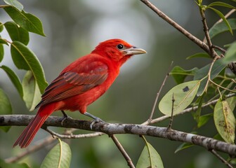 A Northern Red Cardinal bird in a tree. Close up red bird. beautiful red bird on a branch. 