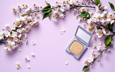 Fototapeta premium A makeup powder compact sits open on a light purple backdrop, adorned with delicate white blossoms and fresh green leaves, creating a spring inspired scene.