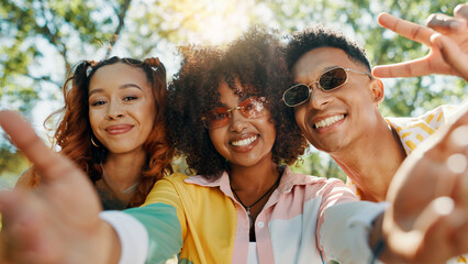 Hangout, happy people and friends in park for selfie together for cool fashion, portrait or reunion. Gen z, social media influencer or men with women in nature for picture POV, vacation or holiday
