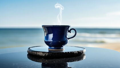 Dark indigo ceramic coffee cup against ocean backdrop with copy space