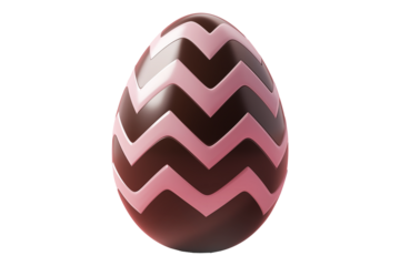 Chocolate Easter egg decorated with pink zigzag pattern, isolated on white transparent background. Festive concept for Easter celebrations