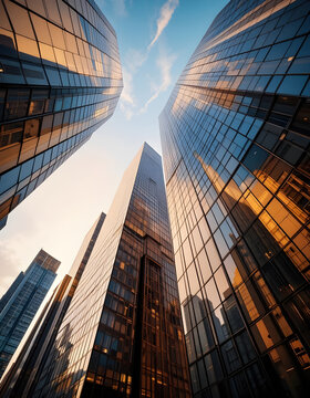 Abstract modern glass office building in downtown, view from below, futuristic skyscrapers reflecting the sky at sunset.