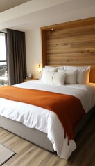 Fototapeta premium A neatly made bed with orange throw blanket and wooden headboard in a modern bedroom.