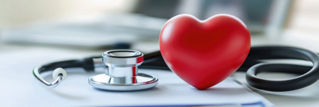 A stethoscope lies beside a bright red heart on a medical desk. This setting emphasizes themes of health, care, and patient well-being in a modern healthcare environment