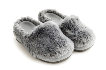 Grey furry indoor slippers isolated on white background