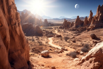 With its radiant beams, sunlit wide angle shot masterfully moon expansive and jagged terrain, showcasing its untamed beauty  
