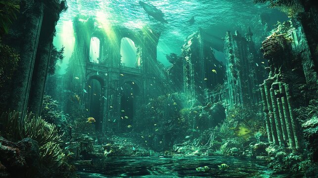 Underwater world, coral reefs, glowing fish, sunrays breaking the surface, soft currents, deep tranquility, style of motif aquatic fantasy, architecture style organic, color scheme oceanic blues and g
