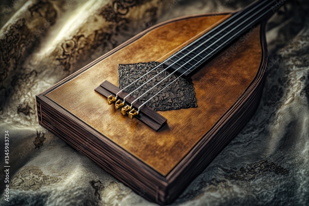 Poster a close-up shot of a musical instrument lying on a soft cloth