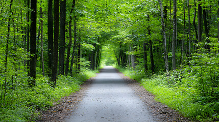 Fototapeta premium Lush Green Forest Canopy Over Asphalt Path with Sunlight Filtering Through Leaves