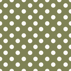 Classic seamless polka dot pattern. Medium white polka dot on a green background. Vector illustration for fabric, bed linen, cover, packaging, wrapping paper, background
