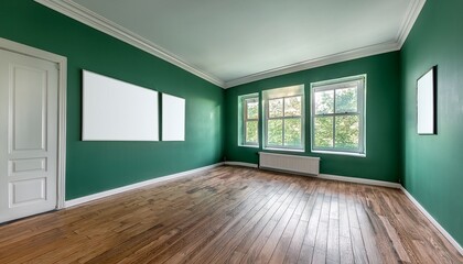 Obraz premium Green empty living room with windows, parquet floor and mockup posters. Generated image