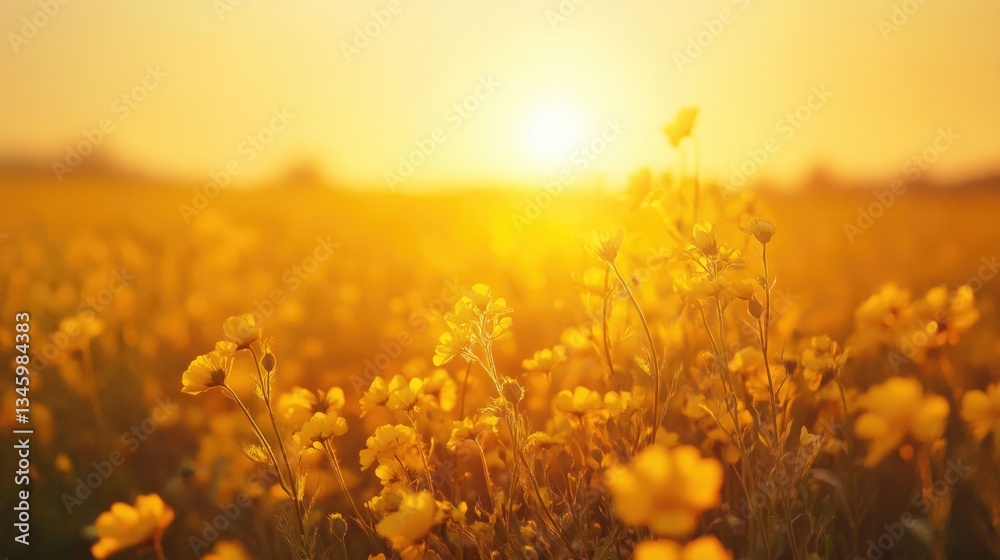 Poster A field of bright yellow flowers with the sun setting behind them, creating a warm and inviting atmosphere