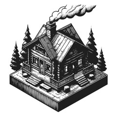 Beautiful wooden cabin with a smoking chimney in winter forest setting