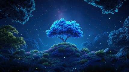 Obraz premium Enchanted Twilight Forest with Bioluminescent Plants and Starry Night Sky