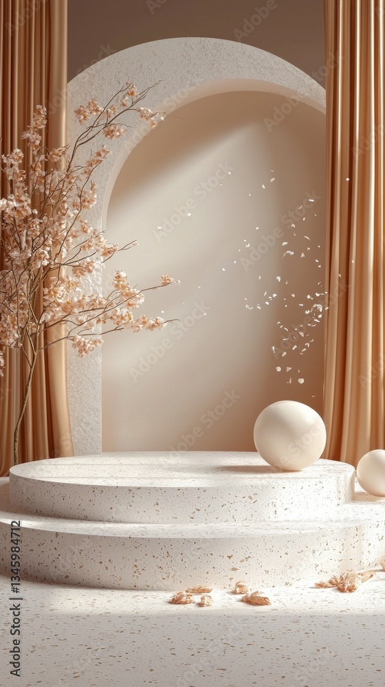 Poster Soft beige curtains gently drape beside a smooth, curved arch. A sculptural bowl and a delicate tree branch create a tranquil setting filled with muted elegance and subtle charm