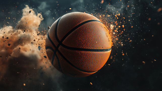 basketball soaring through dramatic smoke