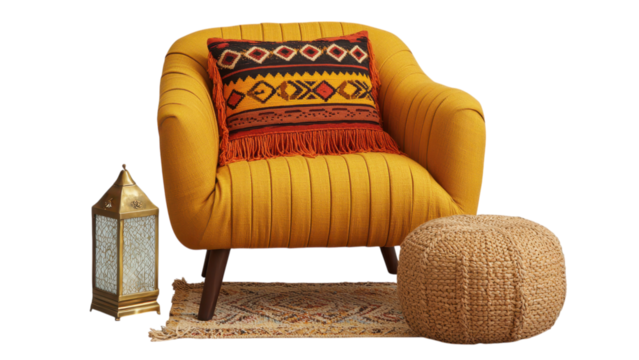 A warm inviting armchair with a vibrant traditional inspired pattern surrounded by rustic home decor elements like a woven pouf and lantern creating a cozy and eclectic living space
