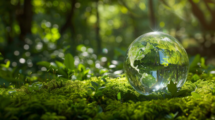 crystal clear glass sphere on lush forest floor