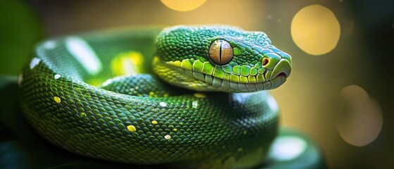 Obraz premium A green snake sits on the edge of a leaf, its body curved in a relaxed pose