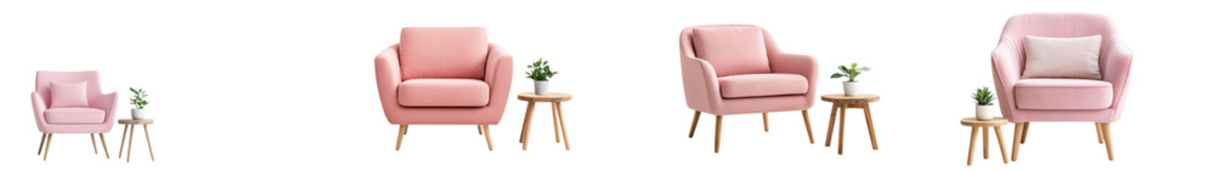Fototapeta premium Stylish and comfortable pink armchairs arranged in a contemporary minimalist living room with wooden accent tables and potted plants for a warm inviting atmosphere