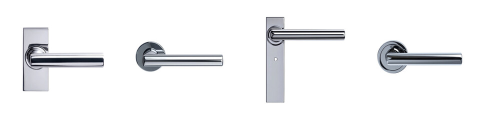 A collection of sleek chrome door handles showcasing a contemporary and minimalist architectural design suitable for residential commercial or industrial settings