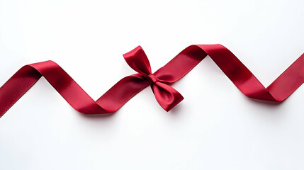 Crimson Red Satin Ribbon With Small Bow Tied Across On Bright White Background For Festive Decoration
