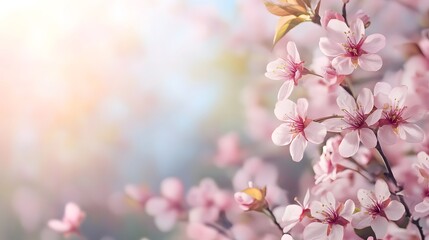 Fototapeta premium Beautiful pink spring flowers blooming on the branches in sunlight