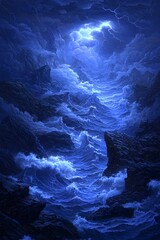 Dramatic ocean waves crashing against dark rocky cliffs under a stormy sky with lightning.