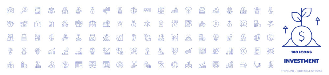 100 Investment Icons Collection. Thin line icon. Editable stroke. briefcase, crowdfunding, increase, cash, growth, money, commission, oil market, liability, balance